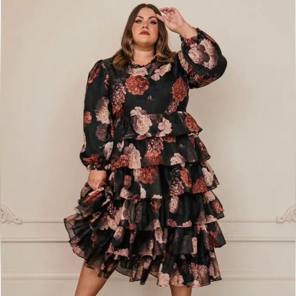 JessaKae Dresses & Skirts - NWT- JessaKae Dark Floral Ruffled Long Peasant Sleeve Misses Dress Sz 1XL